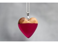 Naszyjnik z drewna i żywicy - Serce Różowe (Srebro)
