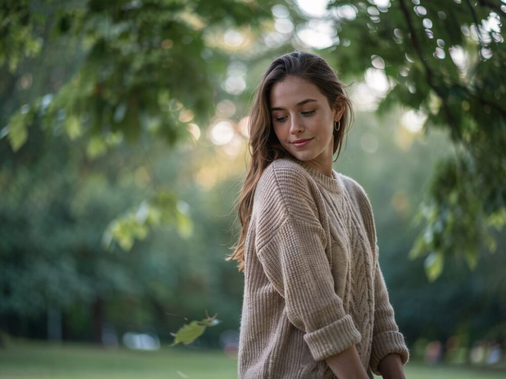 modny beżowy sweter na co dzień